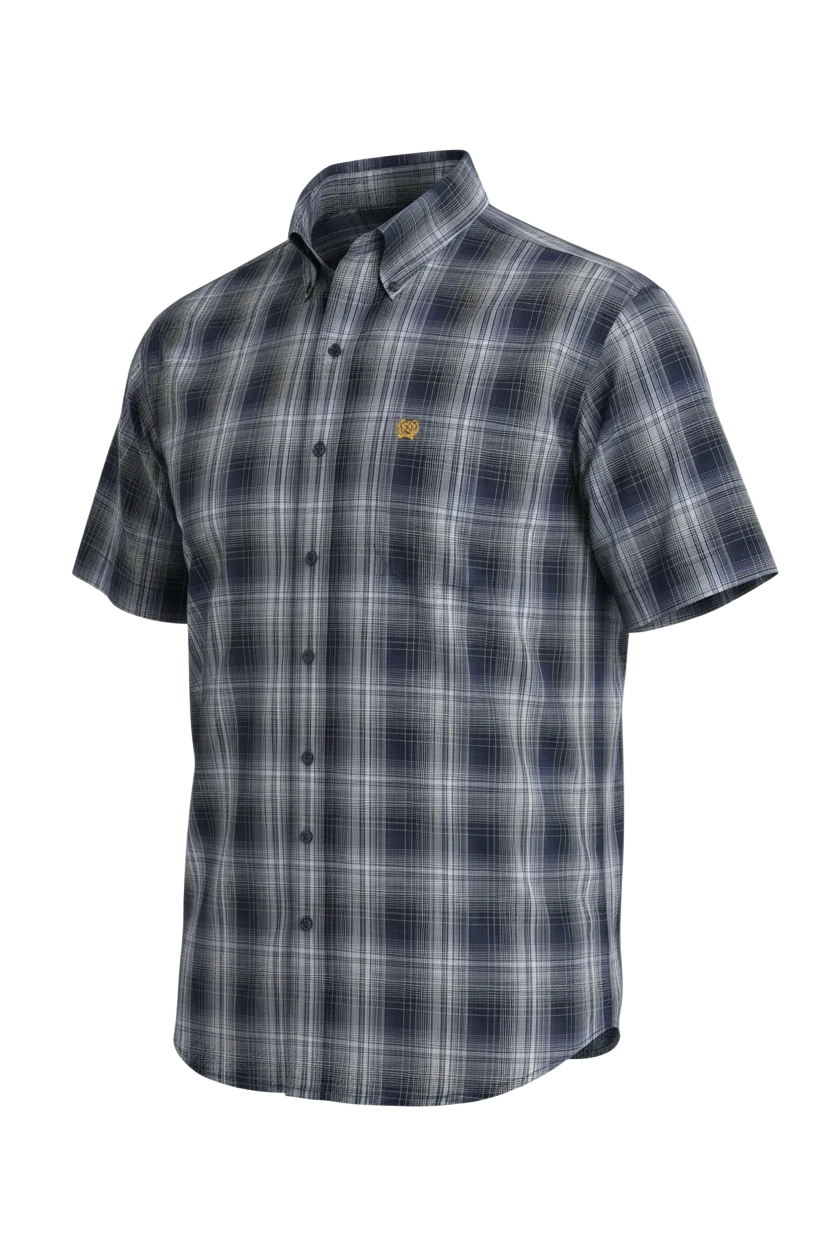 Go West Supply men's blue, grey, and white plaid short sleeve button-down shirt with chest pocket and relaxed fit.