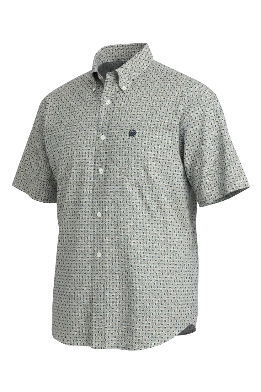 Go West Supply men's short sleeve button-down shirt in multi-color geometric print with a chest pocket and classic collar.