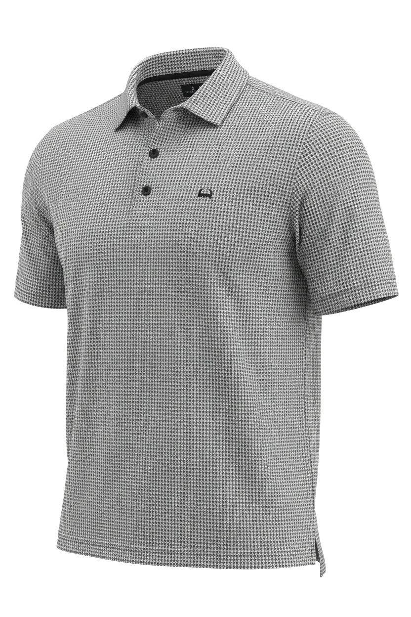 Go West Supply men's grey and white patterned short sleeve polo shirt with a small logo on the chest.