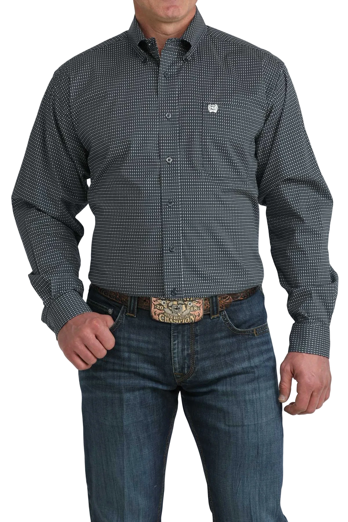 Go West Supply men's long sleeve button-down shirt in dark blue with a white micro-dot pattern and chest pocket logo.