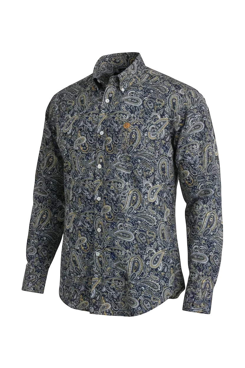 Go West Supply men's long sleeve navy blue paisley print button-down shirt with chest pocket and crisp collar.