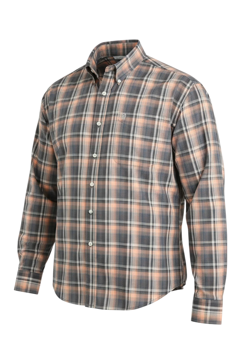 Go West Supply men's long sleeve plaid shirt in multi-color with button-down collar and chest pocket.