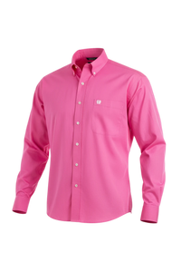 Go West Supply men's solid pink 100% cotton long-sleeve Western button-down shirt with fuller body fit and longer tails.