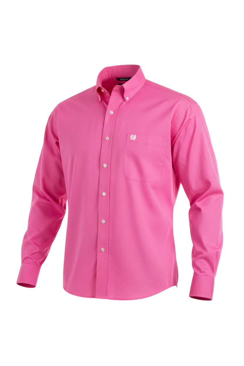 Go West Supply men's solid pink 100% cotton long-sleeve Western button-down shirt with fuller body fit and longer tails.