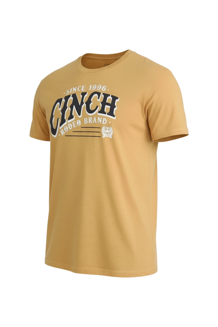 Go West Supply men's yellow short sleeve t-shirt with CINCH Rodeo Brand graphic print and crew neckline.