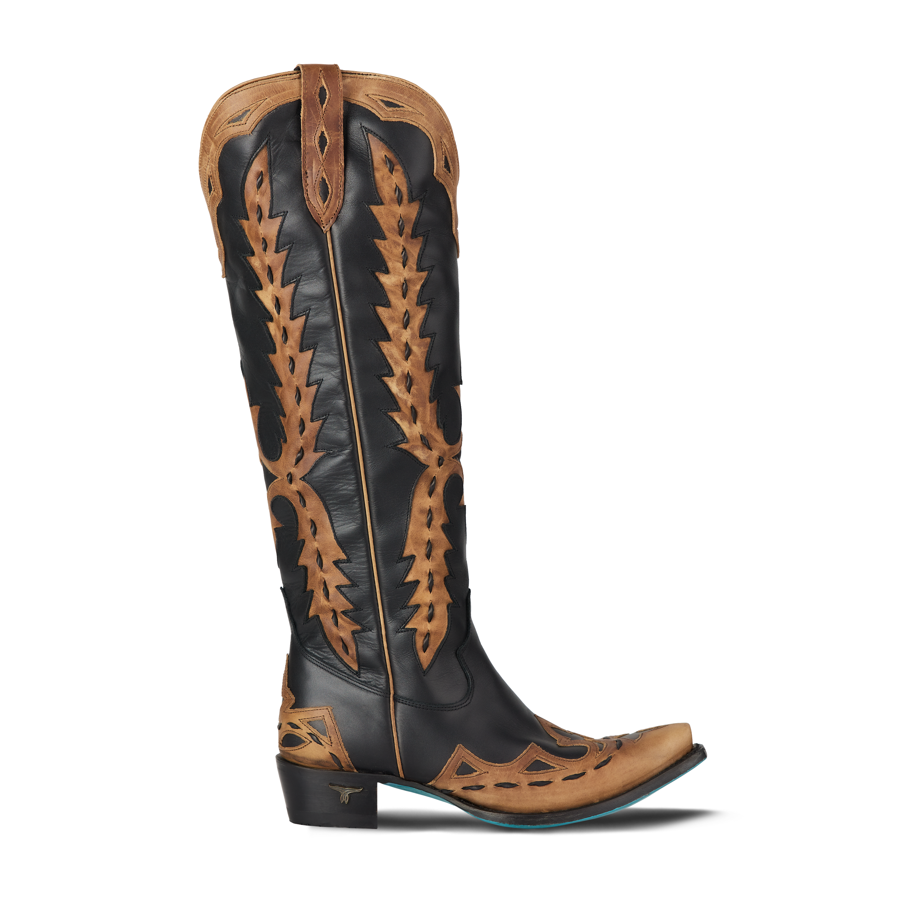 Black and brown cowboy boot with intricate design on a white background