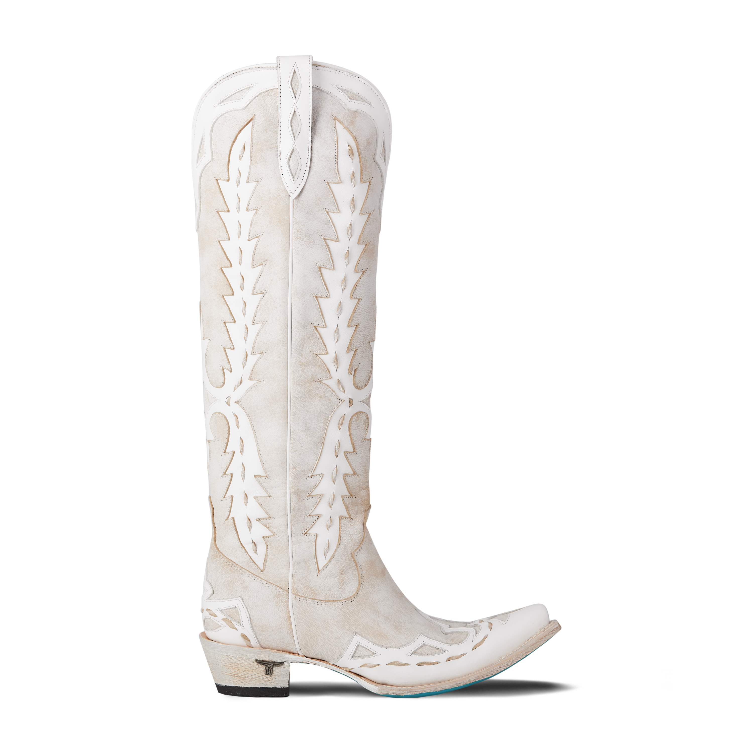 Side view of white knee-high boot showing tall shaft and pointed toe