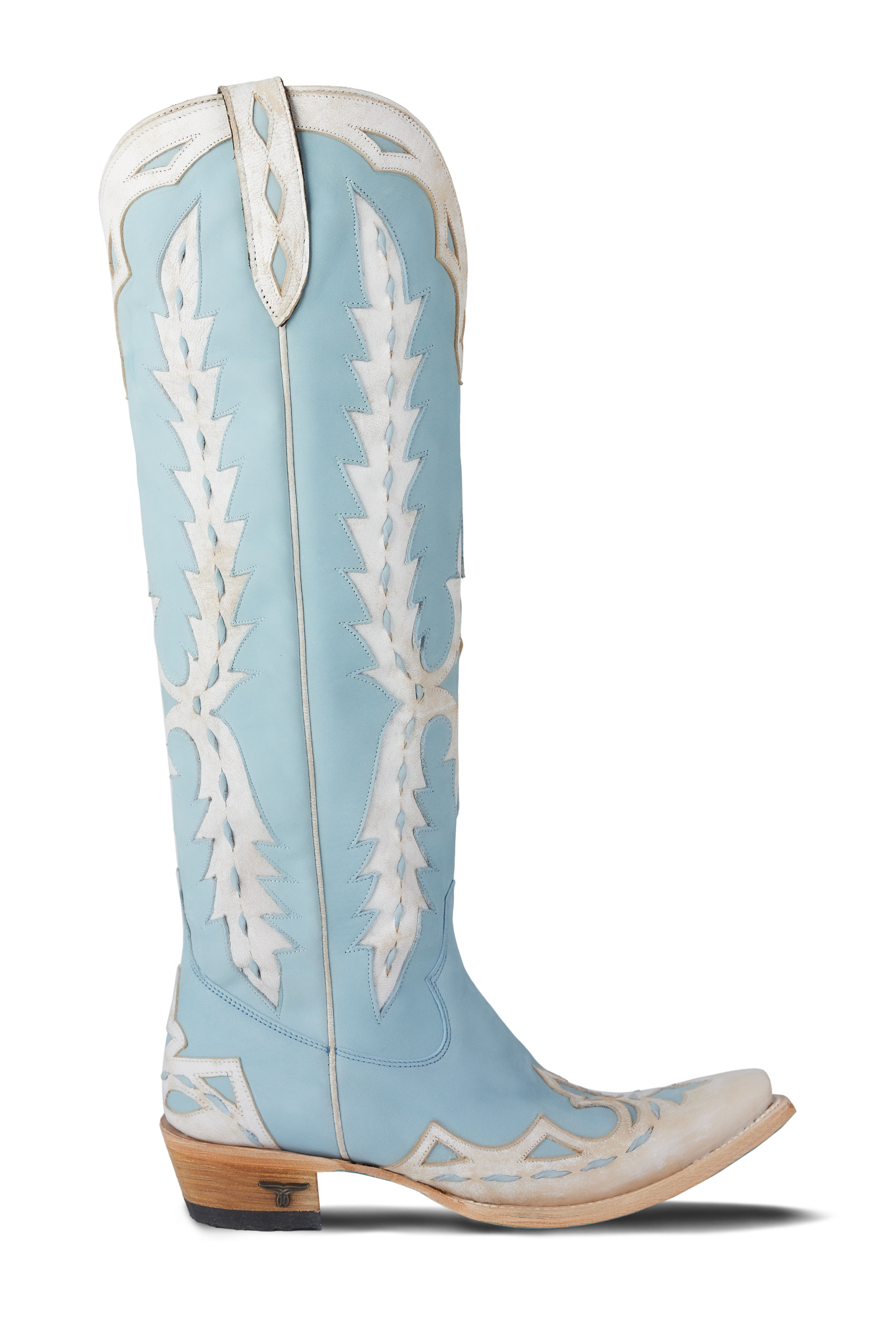 Side view of powder blue knee-high boot showing tall shaft and pointed toe
