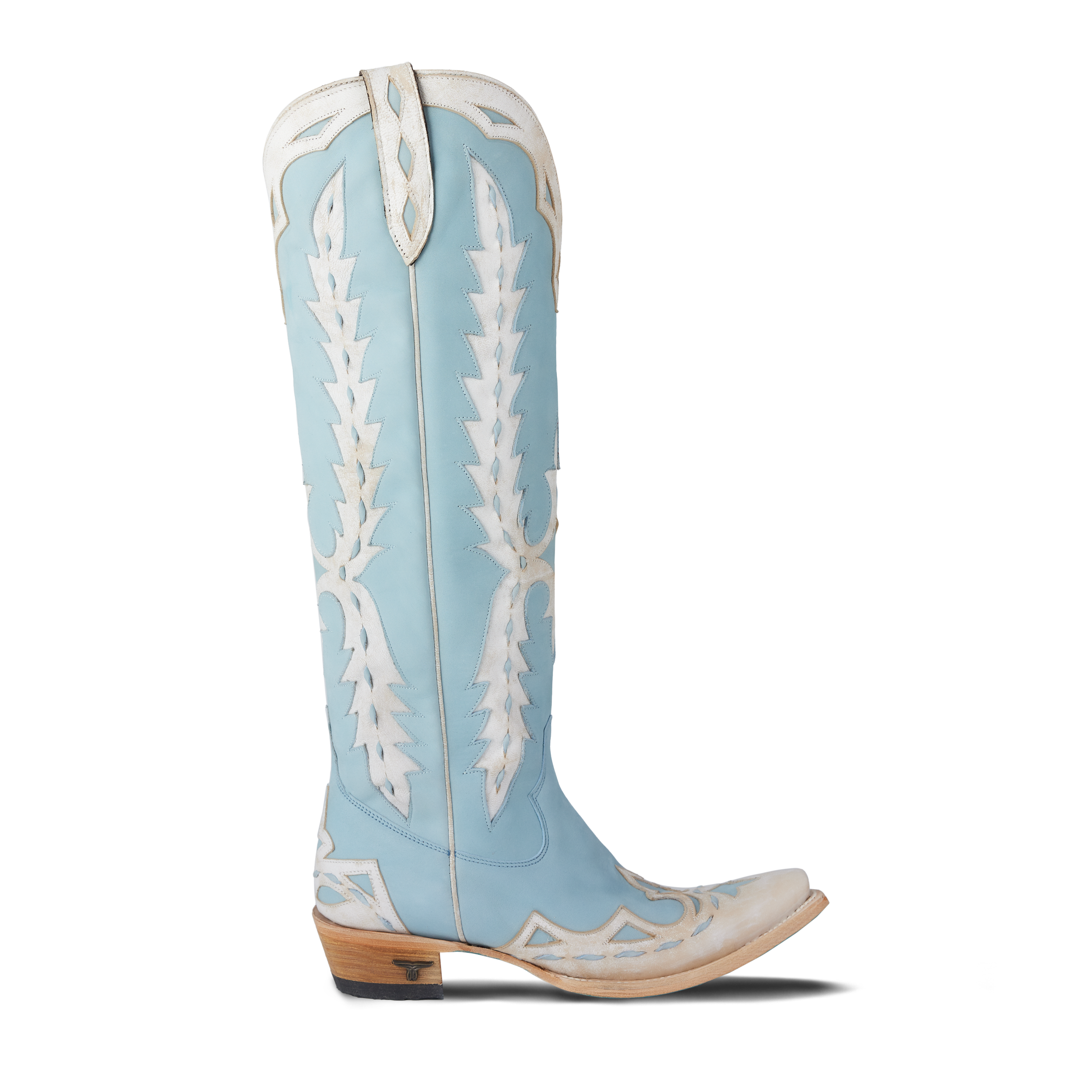 Side view of powder blue knee-high boot showing tall shaft and pointed toe