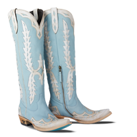 Light blue cowboy boots with white embroidery on a white background