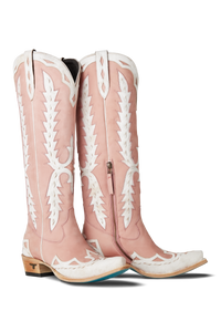 Pink cowboy boots with white patterns on a white background