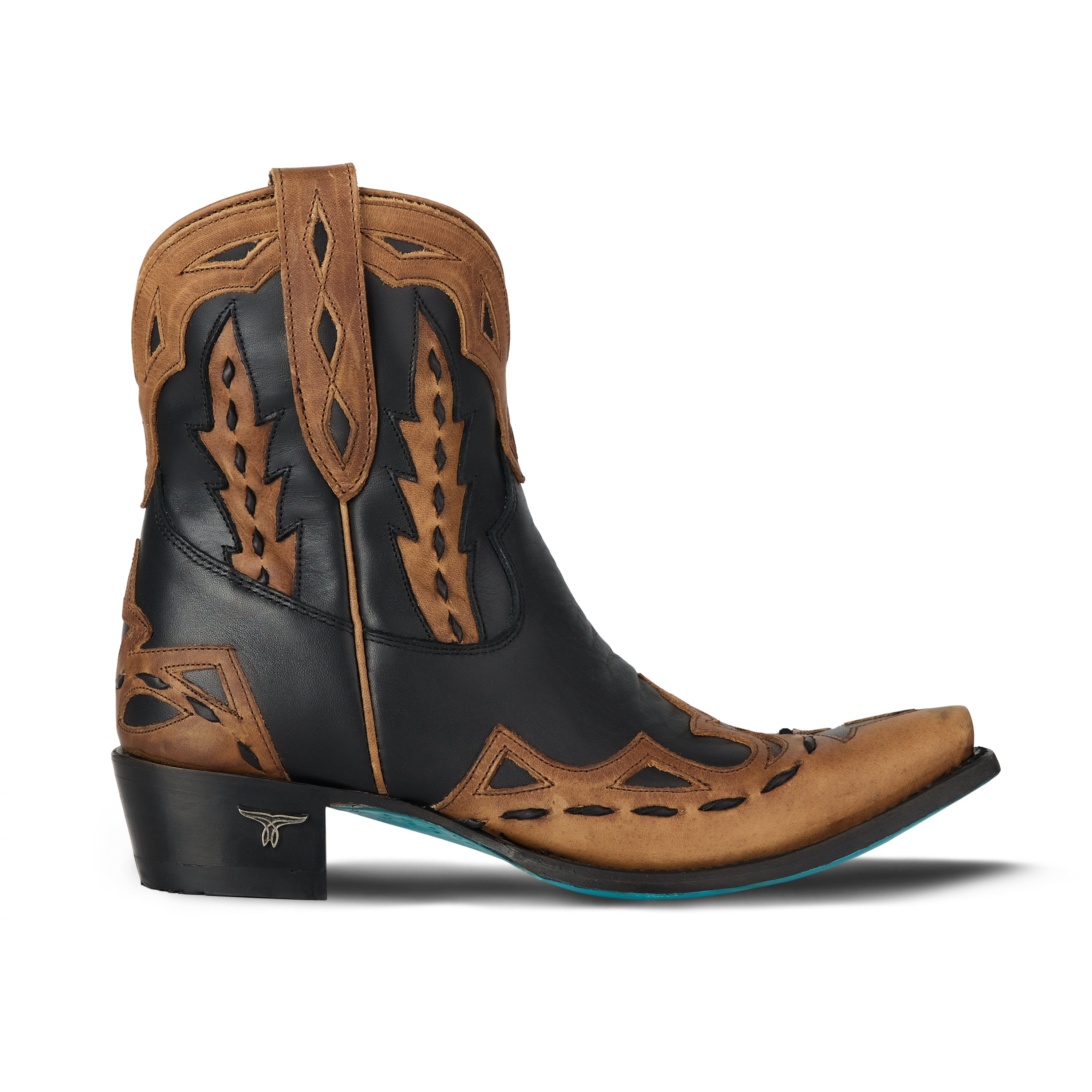 Brown and black cowboy boot with intricate designs on a white background