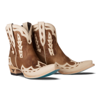Pair of brown and cream western ankle boots featuring detailed stitching, a short shaft with pull tabs, and contrasting cream overlays 