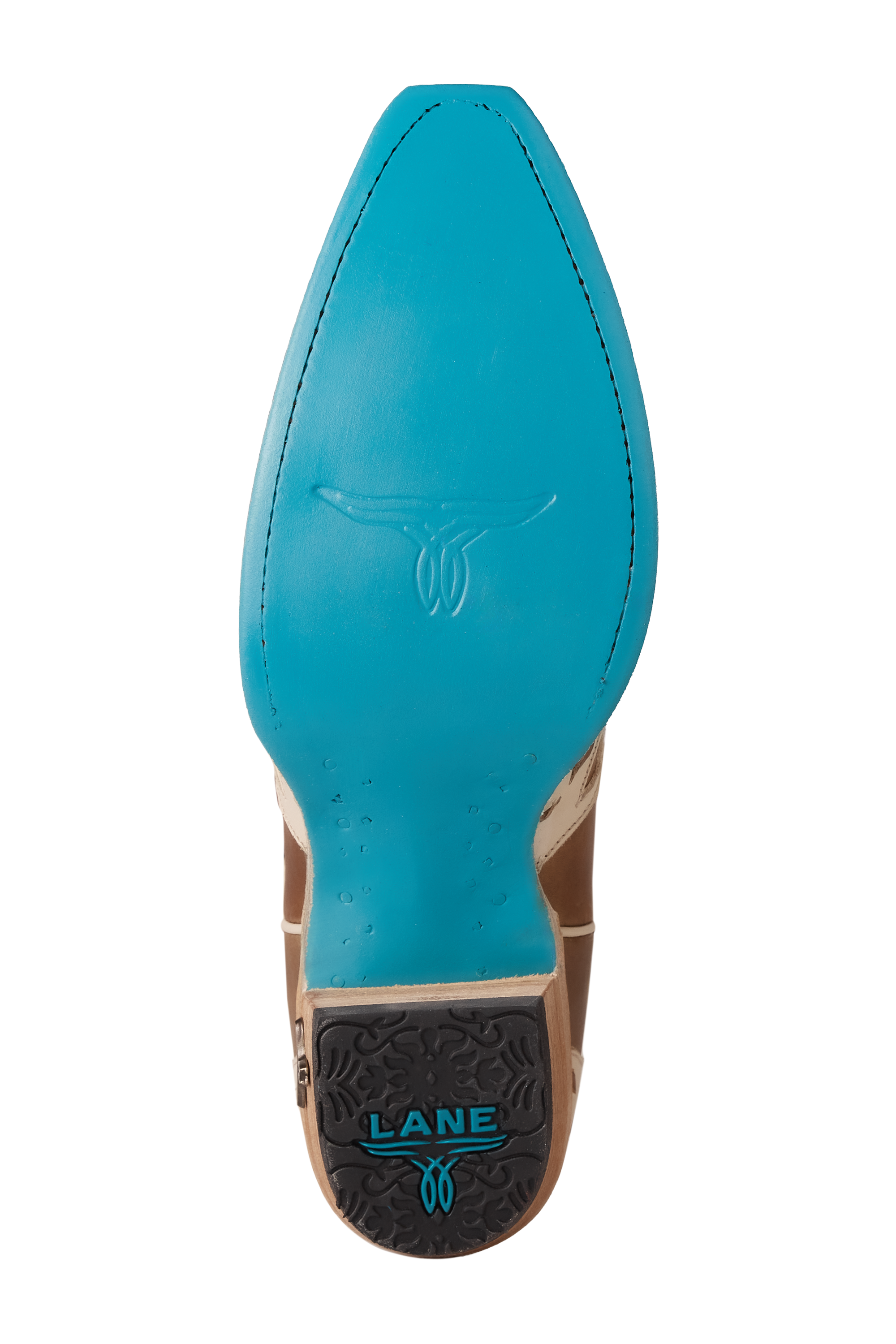 Close-up view of a boot’s bright turquoise sole featuring a stamped longhorn-style emblem in the center and a black heel cap with “LANE” branding in turquoise