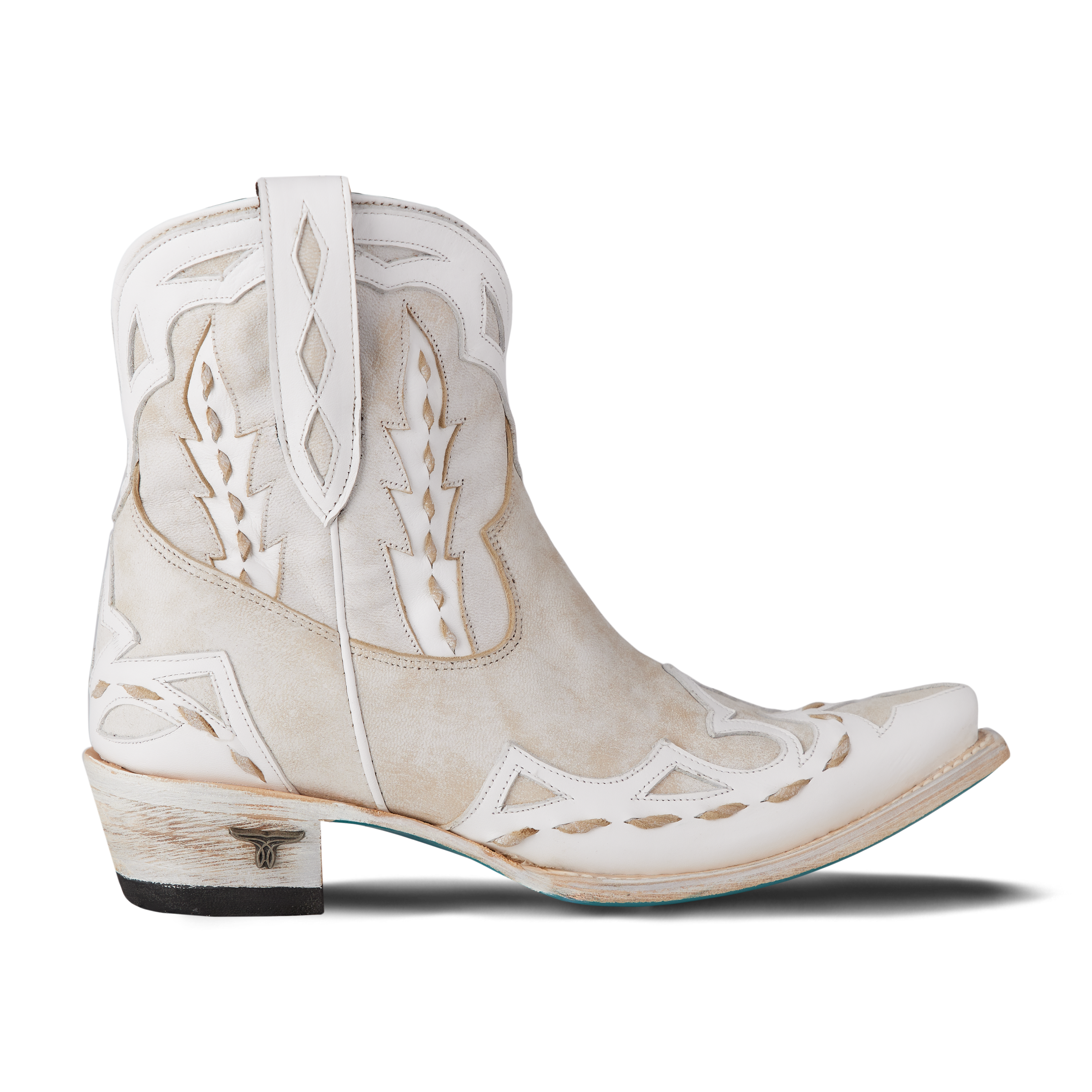 Side view of ceramic crackle Go West bootie showing short height and pointed toe