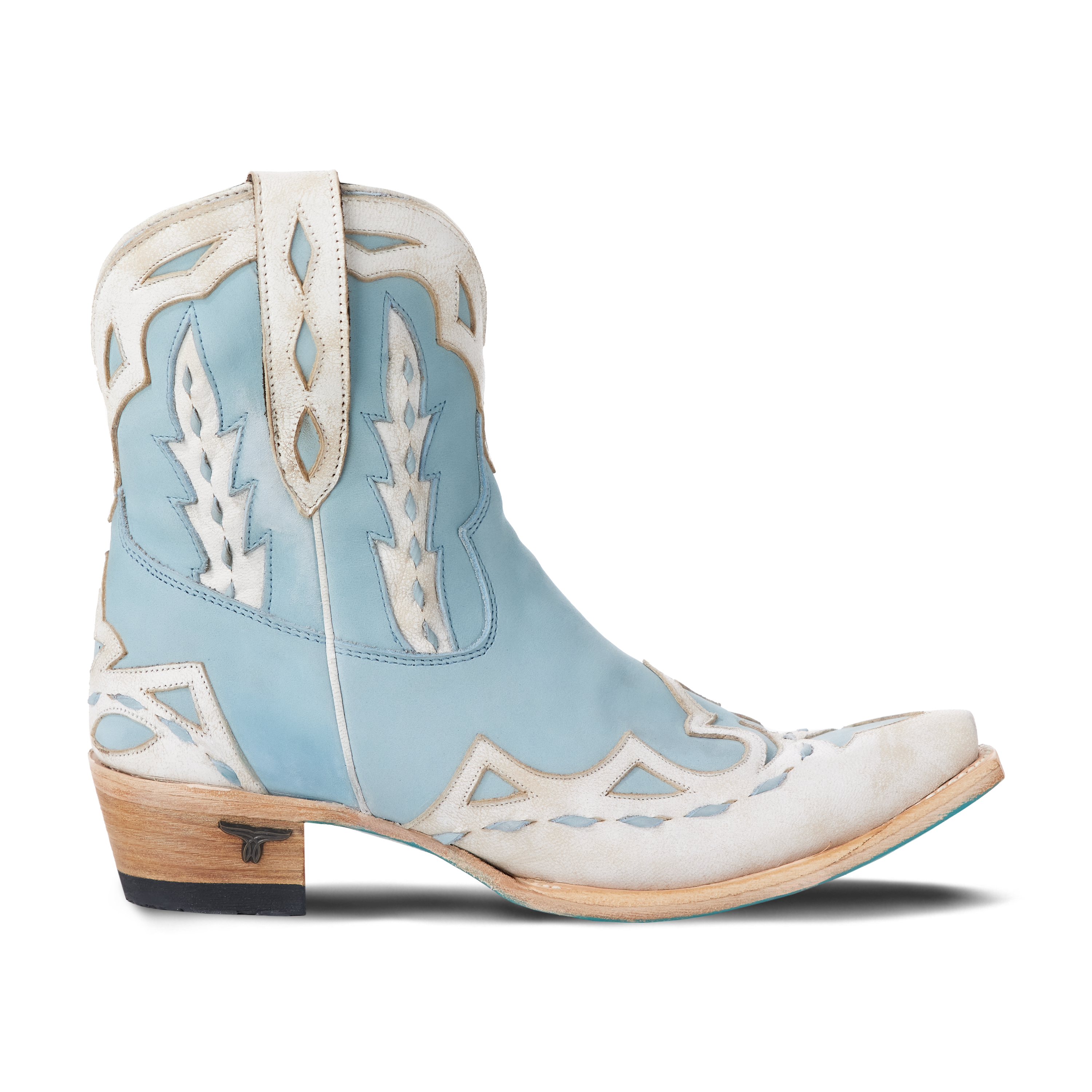Side view of powder blue and white western bootie with pointed toe and short heel