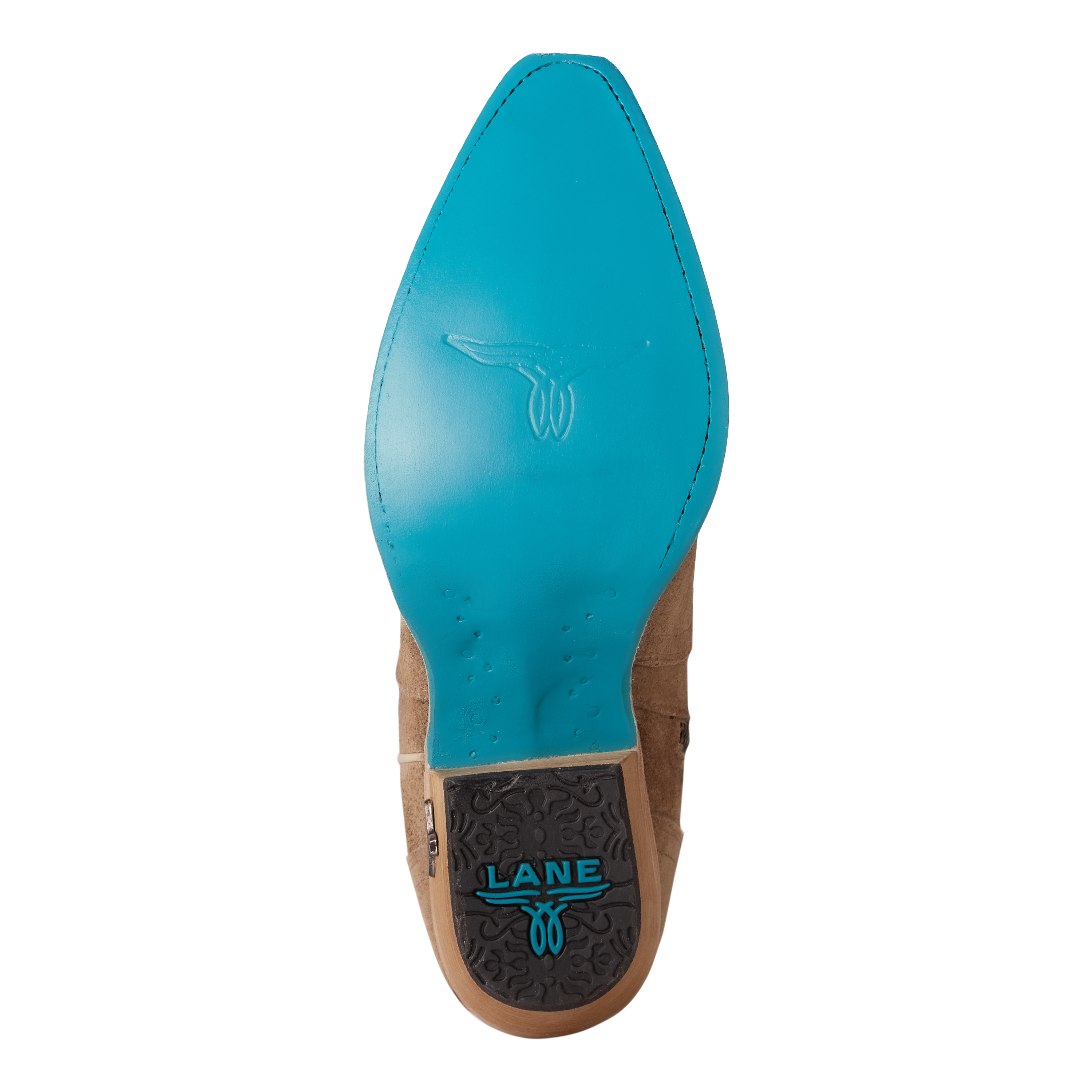 Close-up view of a boot’s bright turquoise sole featuring a stamped longhorn-style emblem in the center and a black heel cap with “LANE” branding in turquoise
