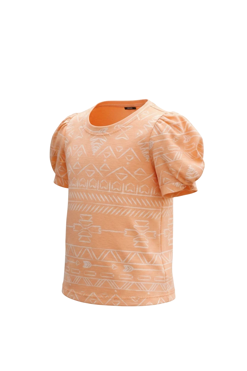 Go West Supply coral short sleeve tee with puff sleeves and a white geometric tribal pattern.