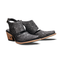 Pair of black slingback-mule shoes with intricate textured detail on a transparent background