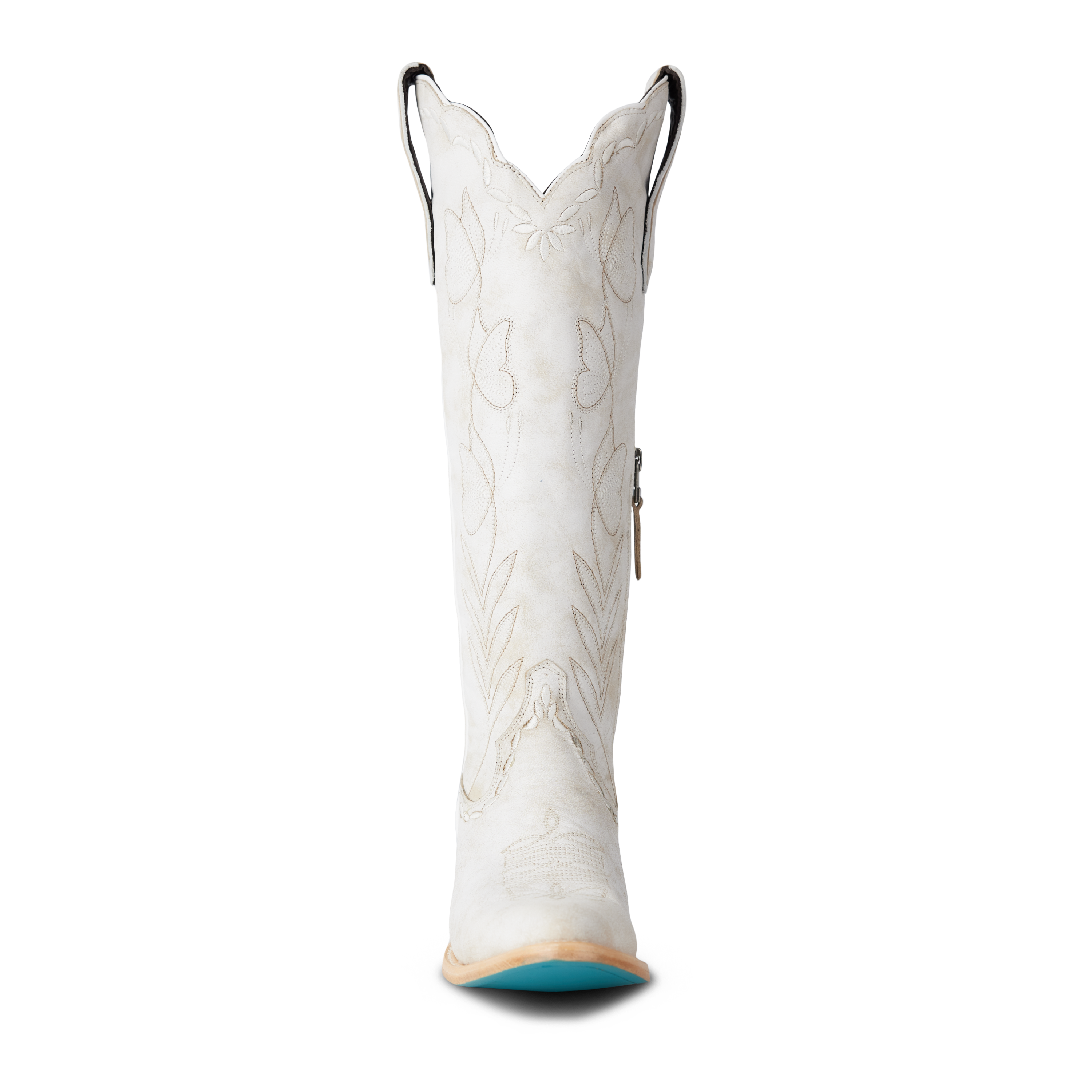 Front view of a tall white cowboy boot with decorative stitching and a pointed toe with a turquoise bottom, on a transparent background