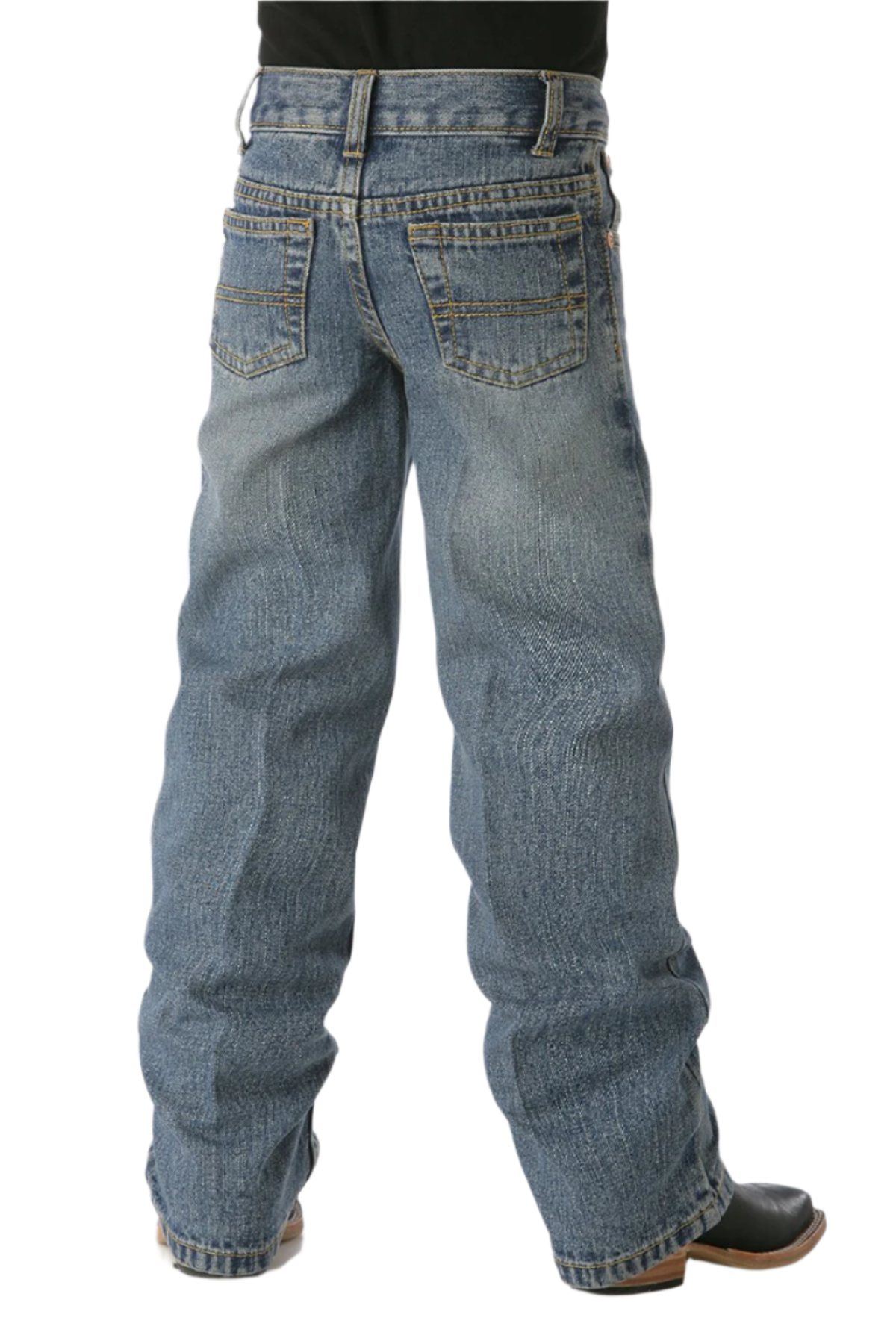 Boy wearing medium wash jeans and boots