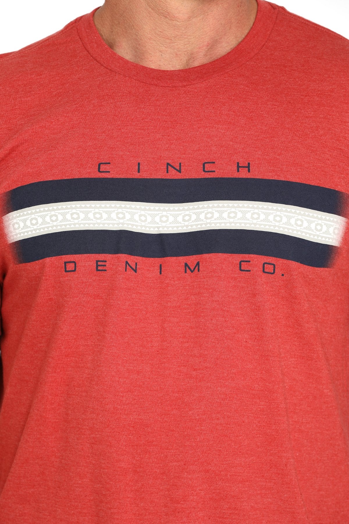 Close-up view of a red short-sleeve t-shirt with a horizontal navy and white stripe graphic and CINCH text displayed on a white background