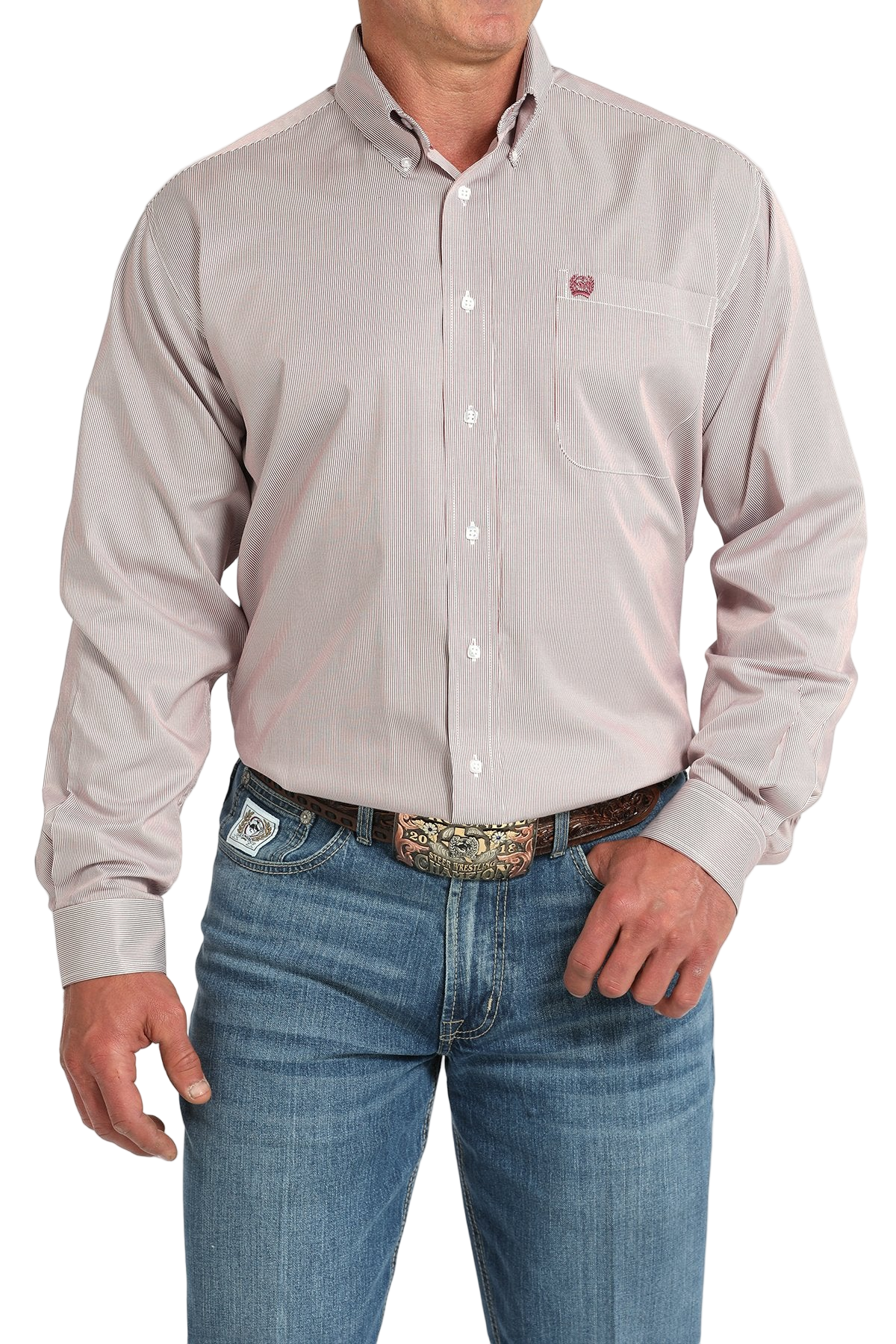Man wearing a light gray button-up shirt and blue jeans on a white background