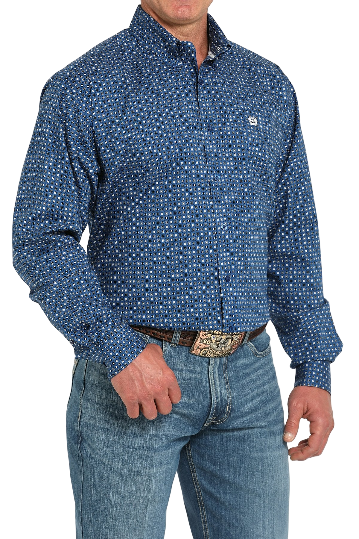 Man wearing a patterned blue long sleeve button-down shirt and jeans on a transparent background 