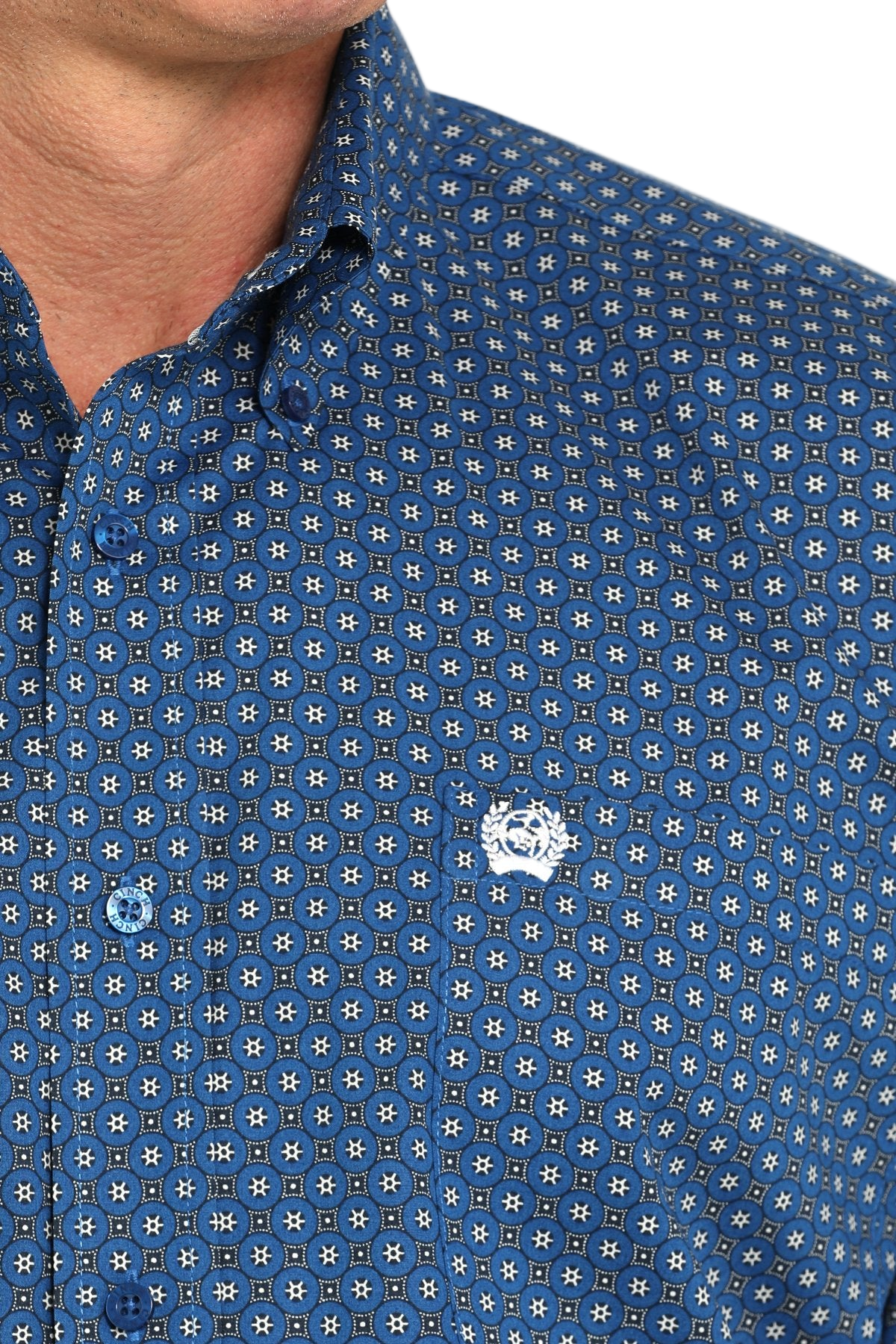 Close-up of a man wearing a patterned blue long sleeve button-down shirt on a transparent background 
