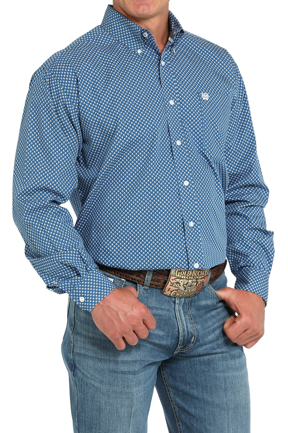 Man wearing a patterned blue long sleeve button-down shirt and jeans on a transparent background 