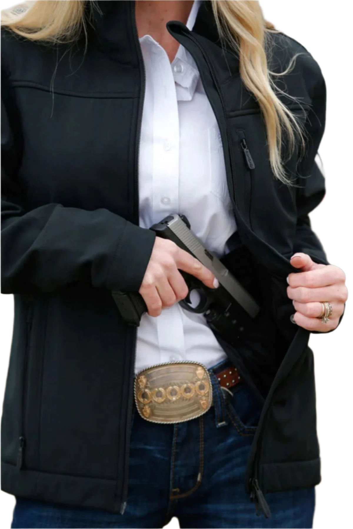 Close-up of concealed carry pocket inside black Cinch jacket with firearm partially revealed